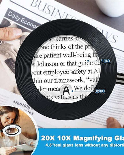 NZQXJXZ 20X10X Magnifying Glass with Light and Stand Lighted Magnifier with 72 LEDs 3 Color Modes and 10 Stepless Dimmable Desk Magnifying Lamp for Hobbies, Reading, Close Work, Jewelry - LeafyLoom