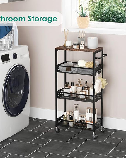 Slim Storage Cart 4 Tier Fruit and Vegetable Baskets for Kitchen Small Space, Narrow Rolling Cart on Wheels with Wooden Top and Metal Handle for Pantry, Bathroom, Laundry Room - LeafyLoom