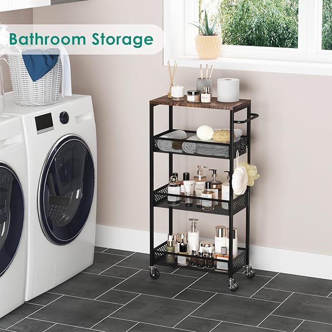 Slim Storage Cart 4 Tier Fruit and Vegetable Baskets for Kitchen Small Space, Narrow Rolling Cart on Wheels with Wooden Top and Metal Handle for Pantry, Bathroom, Laundry Room - LeafyLoom