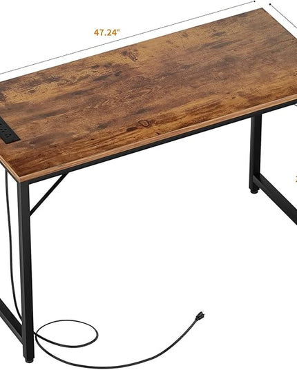 47 Inch Computer Desk with Magic Power Outlets, Modern Office Desk with USB Charging Ports, Sturdy Student Writing Desk, Simple Laptop PC Gaming Table for Bedroom Workstation, Rustic Brown - LeafyLoom