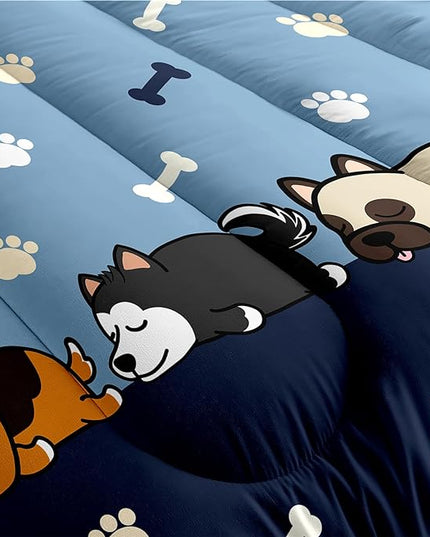 Bedding Set, 3Pcs Cartoon Dog Comforter Set for Boys, Queen Size, Lovely Puppy Patterns, Fun Animal Lover Quilt with 2 Pillowcases - LeafyLoom