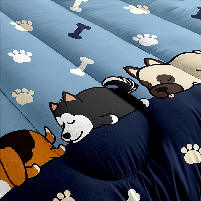 Bedding Set, 3Pcs Cartoon Dog Comforter Set for Boys, Queen Size, Lovely Puppy Patterns, Fun Animal Lover Quilt with 2 Pillowcases - LeafyLoom