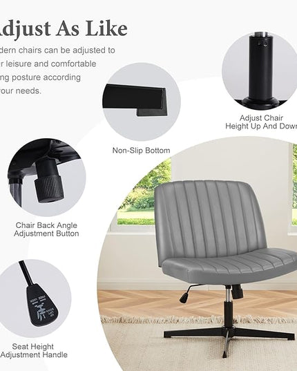 Sweetcrispy Criss Cross Chair Legged, Armless Office Desk Chair No Wheels, Swivel Vanity Chair, Height Adjustable Wide Seat Computer Task Chair, PU Leather Vanity Modern Home Chair Sliver - LeafyLoom