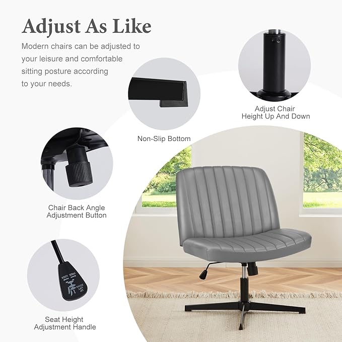 Sweetcrispy Criss Cross Chair Legged, Armless Office Desk Chair No Wheels, Swivel Vanity Chair, Height Adjustable Wide Seat Computer Task Chair, PU Leather Vanity Modern Home Chair Sliver - LeafyLoom