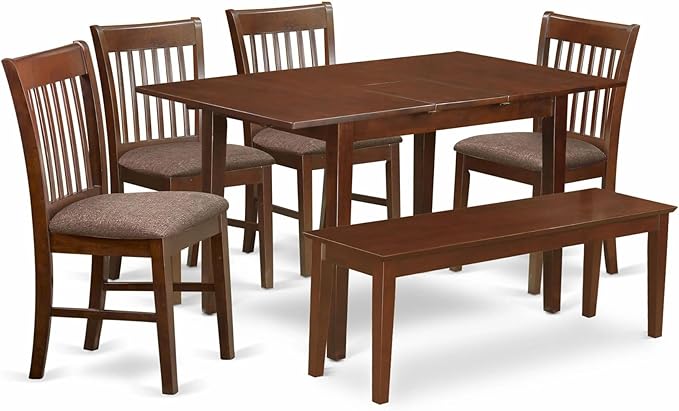 East West Furniture NOFK6C-MAH-C 6 Piece Set Contains a Rectangle Dining Room Table with Butterfly Leaf and 4 Linen Fabric Upholstered Chairs with a Bench, 32x54 Inch - LeafyLoom