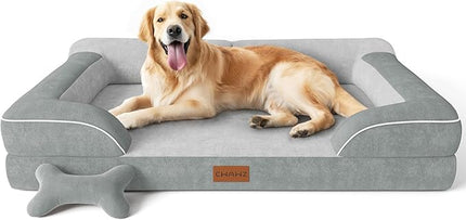 Extra Large Dog Bed - Orthopedic with Cooling Gel Memory Foam, Waterproof XL with Removable Washable Cover, 42" Dog Sofa Couch Dutch Velvet with Bone Toy, Light Gray LeafyLoom
