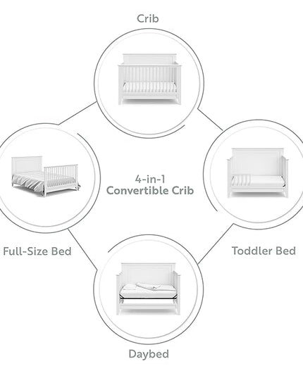 Storkcraft Solstice 5-In-1 Convertible Crib (White) – GREENGUARD Gold Certified, Converts to Toddler Bed and Full-Size Bed, Fits Standard Full-Size Crib Mattress, Adjustable Mattress Support Base - LeafyLoom
