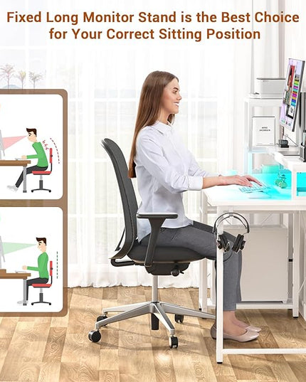 armocity 2024 Upgrade Gaming Desk with LED Lights, Small Computer Desk with Long Monitor Stand, 40'' Reversible Laptop Table with Storage Shelves, Small Desk for Small Spaces, Gaming Room, White - LeafyLoom