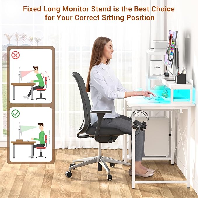 armocity 2024 Upgrade Gaming Desk with LED Lights, Small Computer Desk with Long Monitor Stand, 40'' Reversible Laptop Table with Storage Shelves, Small Desk for Small Spaces, Gaming Room, White - LeafyLoom