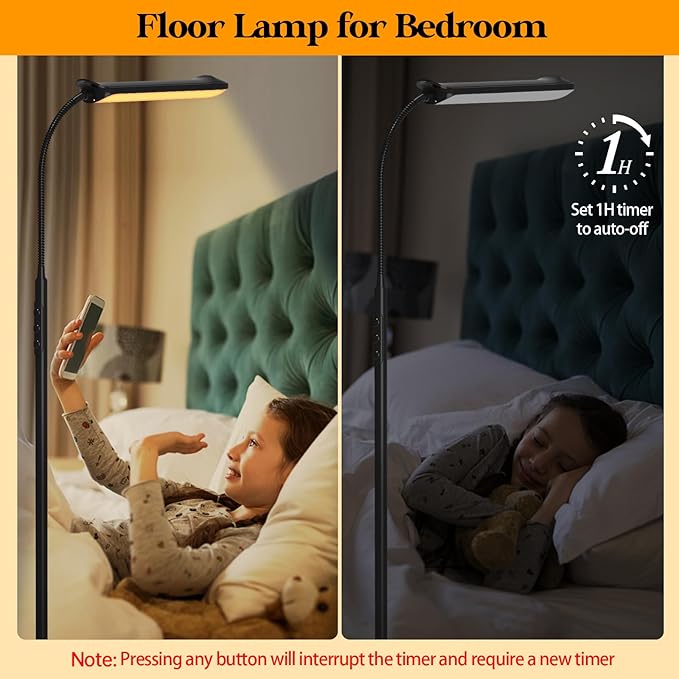 LED Floor Lamp, 18W Super Bright Floor Lamp for Living Room, Adjustable Stepless Colors & Brightness Gooseneck Standing Lamp, Eye Caring Reading Light with Remote& Touch Control for Bedroom Office - LeafyLoom