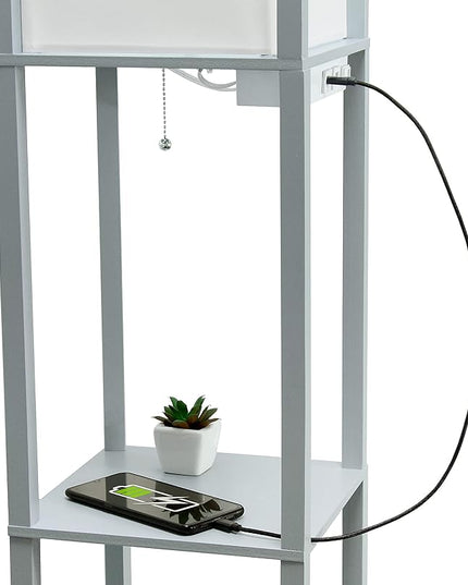 Simple Designs LF1037-GRY-LB Three Shelf Etagere Organizer Storage Floor Lamp with 2 Dual USB Ports and Charging Outlet, Gray, with Feit LED Bulb Included - LeafyLoom