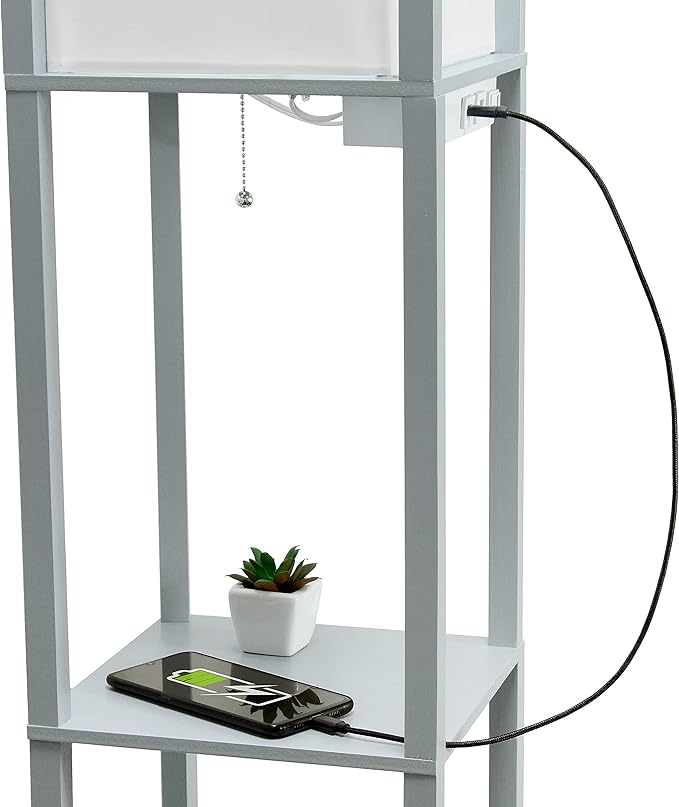 Simple Designs LF1037-GRY-LB Three Shelf Etagere Organizer Storage Floor Lamp with 2 Dual USB Ports and Charging Outlet, Gray, with Feit LED Bulb Included - LeafyLoom