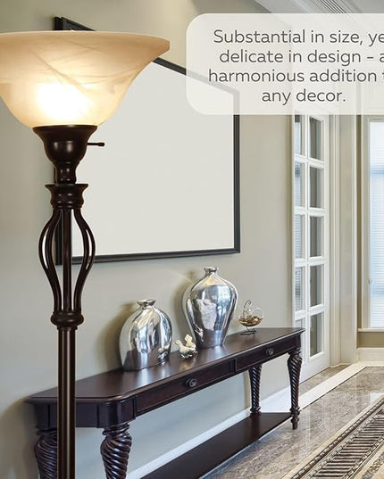 LIGHTACCENTS Bronze Floor Lamp with Alabaster Glass Bowl Shade for Living Room Decor - Torchiere Floor Lamps- Tall Floor Lamp - Traditional Iron Scrollwork Unique Floor Lamp for Living Room - LeafyLoom