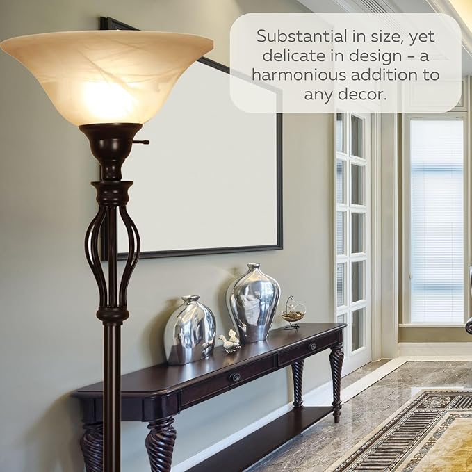 LIGHTACCENTS Bronze Floor Lamp with Alabaster Glass Bowl Shade for Living Room Decor - Torchiere Floor Lamps- Tall Floor Lamp - Traditional Iron Scrollwork Unique Floor Lamp for Living Room - LeafyLoom
