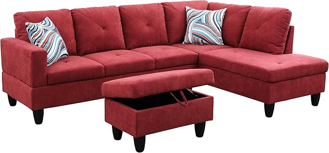 L-Shaped Sectional Couches with 66.5'' Chaise Lounge & Storage Ottoman Modular Room Sofas for Home Office Apartment, Large Living Furniture, 97'' Right Hand Facing, Red Flannelette - LeafyLoom