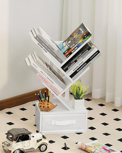 Small Bookshelf with Drawer,4 Tier Tree Book Shelf,Wood Desk Bookshelves,Modern Free Standing Desktop Display Shelves,White Floor Standing Organizer Bookcase for Living Room,Bedroom,Office - LeafyLoom