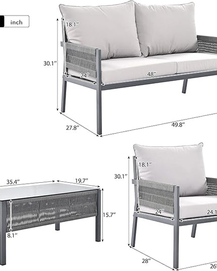 4 Piece Patio Furniture Set, Outdoor FSC Certified Acacia Wood Conversation Set, All-Weather Rope Sofa Set w/Tempered Glass Table, Loveseat for Lawn Balcony Poolside, Backyard, Backyard - LeafyLoom