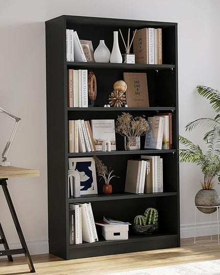 Farini 5 shelf boockase Display Bookcase Freestanding Wooden Bookshelves for Home Office Living Room,60 Inch Height,Black - LeafyLoom