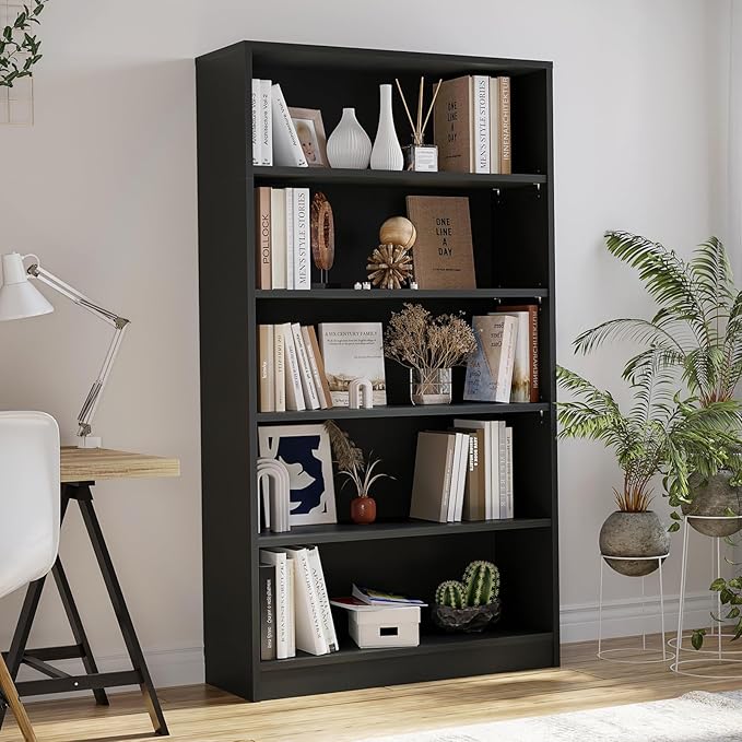 Farini 5 shelf boockase Display Bookcase Freestanding Wooden Bookshelves for Home Office Living Room,60 Inch Height,Black - LeafyLoom