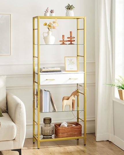 HOOBRO 5 Tier Bookcase, White and Gold Bookshelf with Drawer, Storage Shelves with Charging Station, Tempered Glass Bookshelf with Metal Frame, Open Display Shelves for Living Room, Gold DW65USJ01 - LeafyLoom