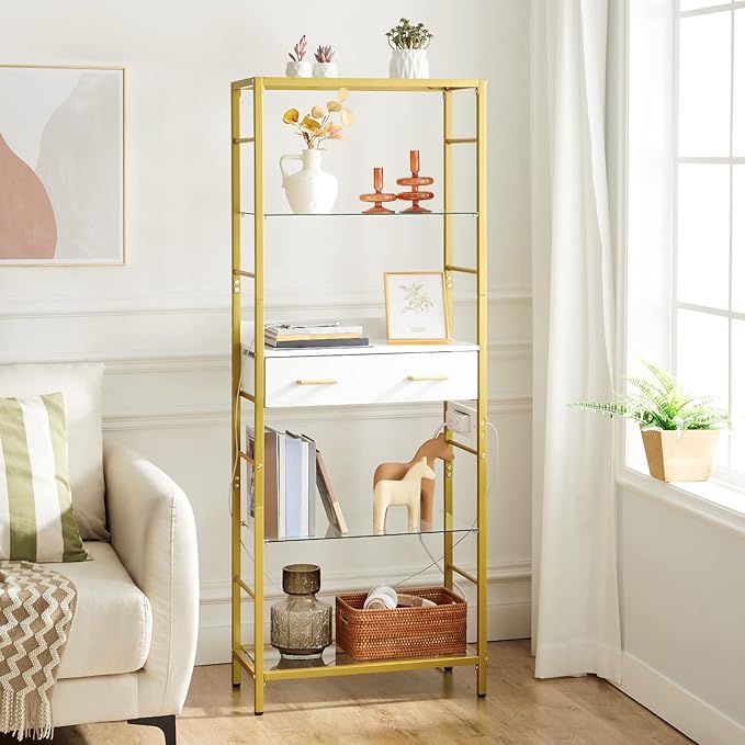 HOOBRO 5 Tier Bookcase, White and Gold Bookshelf with Drawer, Storage Shelves with Charging Station, Tempered Glass Bookshelf with Metal Frame, Open Display Shelves for Living Room, Gold DW65USJ01 - LeafyLoom