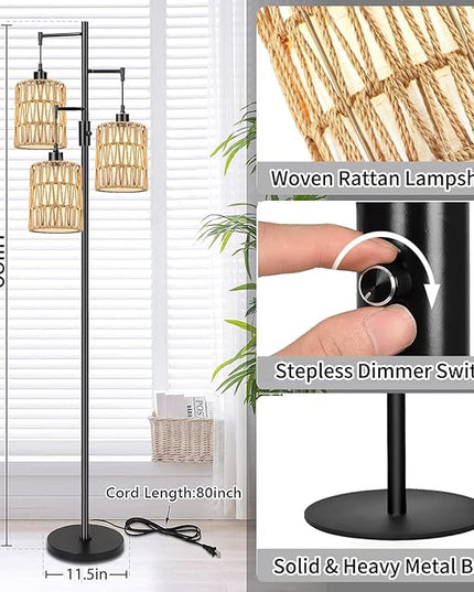 Dimmable Floor Lamp for Living Room with 3 Rattan Boho Shades,Farmhouse Floor Lamps with Three Led Bulb, Boho Rustic Standing Lamp Black Tree Tall Floor Pole Lamp for Living Bedroom,Office,Corner - LeafyLoom