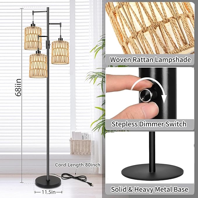 Dimmable Floor Lamp for Living Room with 3 Rattan Boho Shades,Farmhouse Floor Lamps with Three Led Bulb, Boho Rustic Standing Lamp Black Tree Tall Floor Pole Lamp for Living Bedroom,Office,Corner - LeafyLoom