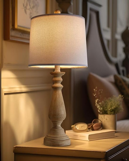 PORTRES 24.5" Mid Century Single Table Lamp for Living Room Farmhouse Linen Bedside Lamps for Bedroom Kids Room Dorm Office Rustic Lamps for End Table Nigntstand Resin - LeafyLoom