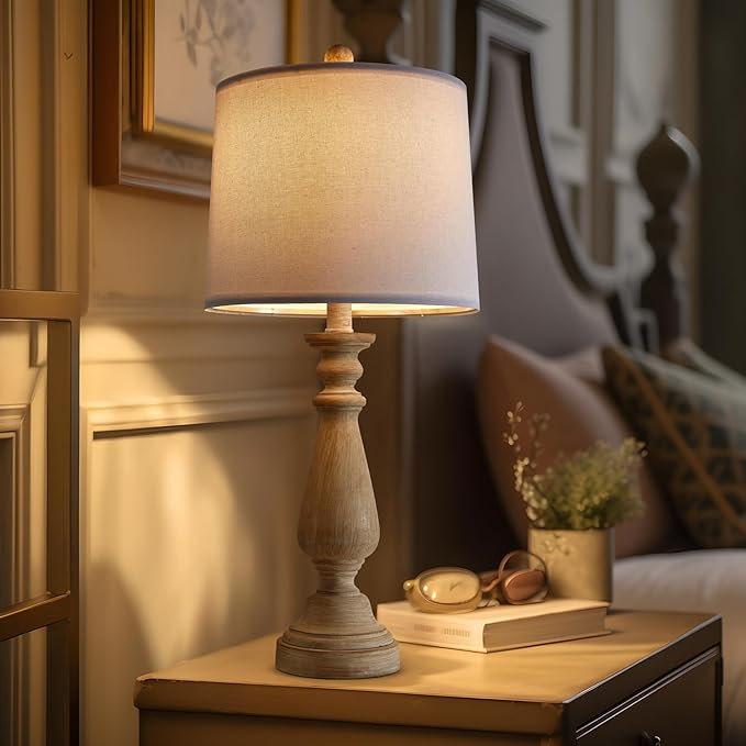 PORTRES 24.5" Mid Century Single Table Lamp for Living Room Farmhouse Linen Bedside Lamps for Bedroom Kids Room Dorm Office Rustic Lamps for End Table Nigntstand Resin - LeafyLoom