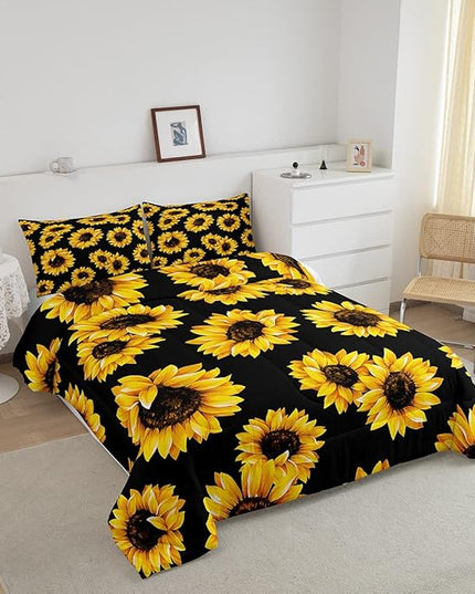 3D floral Comforter Set Queen for Kids Girls Women Yellow Flowers Bedding Set Sunflower Pattern Decor Quilted Duvet Set Botanical Floral Print on Black Down Comforter Garden Bloom Bed with pillowcases - LeafyLoom