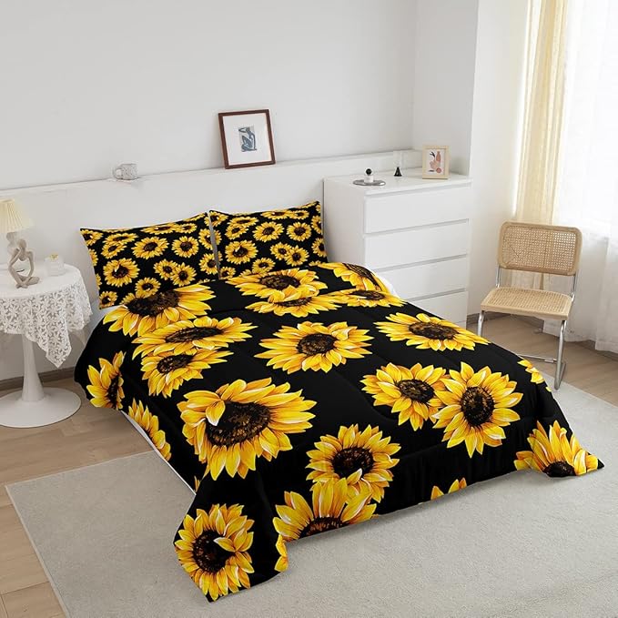 3D floral Comforter Set Queen for Kids Girls Women Yellow Flowers Bedding Set Sunflower Pattern Decor Quilted Duvet Set Botanical Floral Print on Black Down Comforter Garden Bloom Bed with pillowcases - LeafyLoom