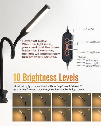Clip on Reading Light, Clip Light, Warm & Daylight & White Light 3 Colors, Eye-Care Clamp Lamp with 10 Dimmable Illumination Modes - LeafyLoom