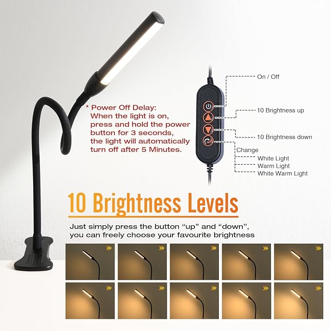 Clip on Reading Light, Clip Light, Warm & Daylight & White Light 3 Colors, Eye-Care Clamp Lamp with 10 Dimmable Illumination Modes - LeafyLoom