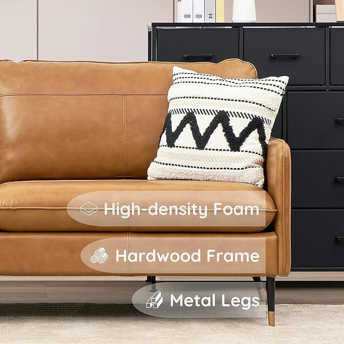 67" Top-Grain Leather Sofa, 2 Seater Loveseat Couch, Mid-Century Modern Leather Couch for Living Room Bedroom Apartment Office, Cognac Tan - LeafyLoom