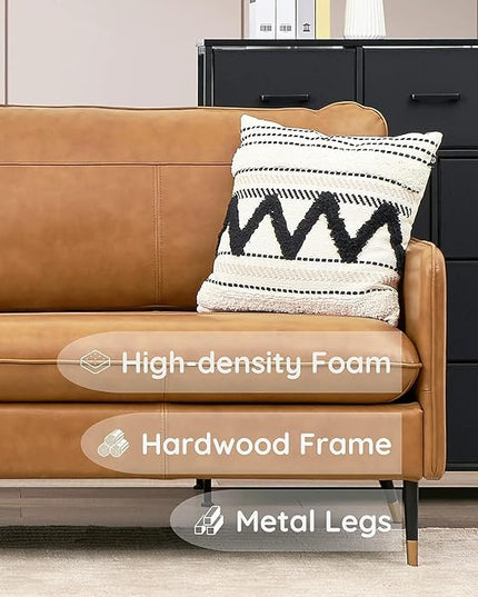 67" Genuine Leather Sofa, Top-Grain 2 Seater Loveseat Couch, Mid-Century Modern Upholstered Sofa for Living Room Bedroom Apartment Office, Cognac Tan - LeafyLoom