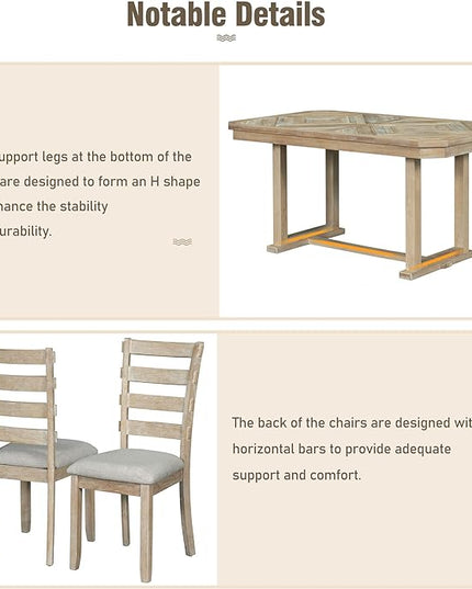 Dining Table Set for 6, 6-Piece Rubber Wood Dining Table Set with Beautiful Wood Grain Pattern Tabletop and Soft Cushion, Dining Room Table Set for Living Room, Kitchen, Natural Wood Wash - LeafyLoom