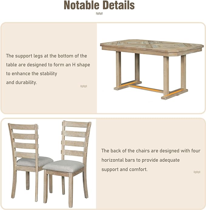 Dining Table Set for 6, 6-Piece Rubber Wood Dining Table Set with Beautiful Wood Grain Pattern Tabletop and Soft Cushion, Dining Room Table Set for Living Room, Kitchen, Natural Wood Wash - LeafyLoom