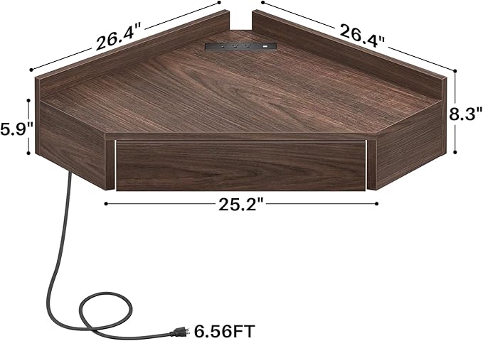 armocity Floating Corner Desk with Outlets & USB Ports, Wall-Mounted Corner Table for Small Space, Triangle Computer Desk with Drawer for Home Office, Vanity Desk, Corner Space, Bedroom, Espresso - LeafyLoom
