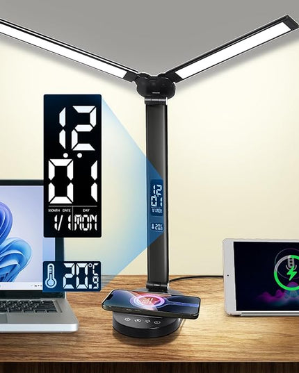 LED Desk Lamps for Home Office, Double Head Table Lamp with Wireless Charger, USB Charging Port, Clock, Alarm, Date, Temperature, Bedside Nightstand Light with Night Light for Bedroom Reading 14W - LeafyLoom