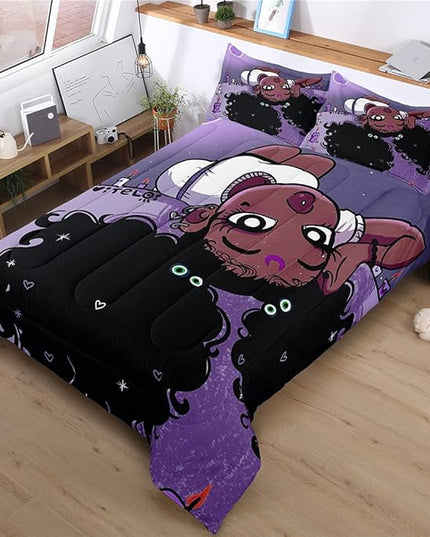 Full Bedding Sets for Girls, African American Black Girl Magic Comforter Set with Girl Lay on Bed, Purple Bed Set for Toddler Kids, Little Girls Bedroom Decor, 1 Comforter with 2 Pillowcases - LeafyLoom