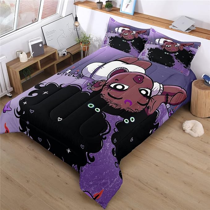 Full Bedding Sets for Girls, African American Black Girl Magic Comforter Set with Girl Lay on Bed, Purple Bed Set for Toddler Kids, Little Girls Bedroom Decor, 1 Comforter with 2 Pillowcases - LeafyLoom