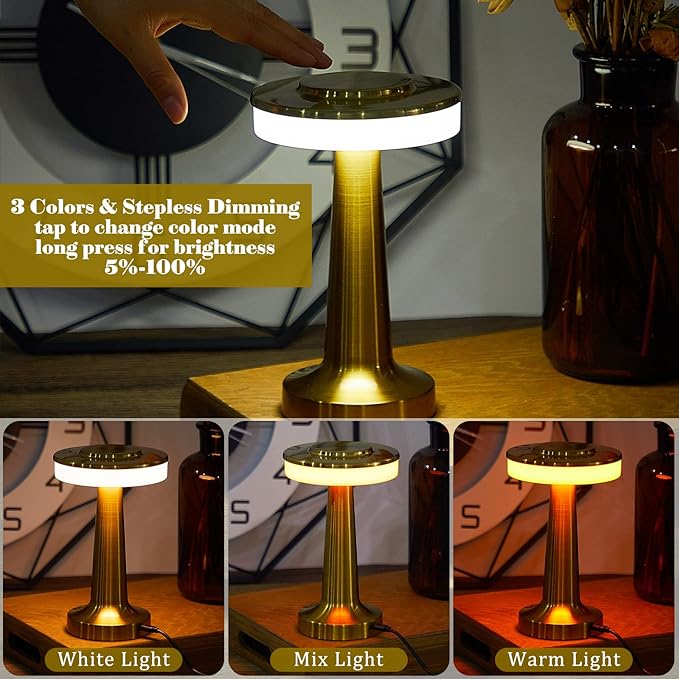 Set of 8 LED Portable Cordless Table Lamp with Touch Sensor 3 Color Stepless Dimming Rechargeable Battery up to 15 Hours Cordless Lamp Table Light Wireless Lamp for Kids Nursery Room, Gold - LeafyLoom