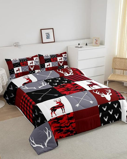 Deer Silhouette Comforter Set Full Size,Antler Arrow Grid Stripe Design Bedding Duvet 3pcs for Kids Teens Adult Boys Girls Home Room Decoration, Camouflage Christmas Style Red Quilt Set - LeafyLoom