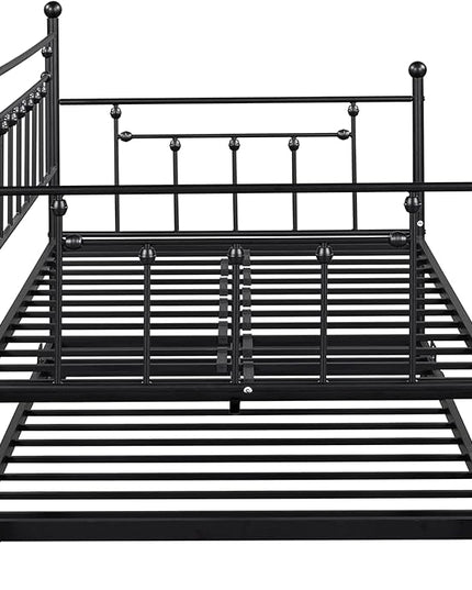 Twin Size Metal-Daybed with Trundle,Heavy-duty Sturdy Metal,Noise Reduced,Trundle-bed for Flexible Space,Vintage Style,No Box Spring Needed,Bedroom Living Room Furniture,Black - LeafyLoom