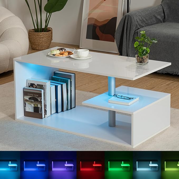 HOMMPA LED Coffee Tables for Living Room Modern Coffee Table with S-Shaped 3 Tiers Open Storage Shelf High Gloss White Center Sofa Tea Table with LED Lights for Home Office Furniture - LeafyLoom