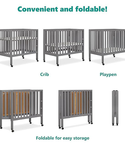 Jett Non-Full Size Folding Convertible Crib, Lightweight Portable Crib, Three Adjustable Mattress Height Settings, Easy to Fold Travel Crib, 1.5” Mattress Pad Included - LeafyLoom
