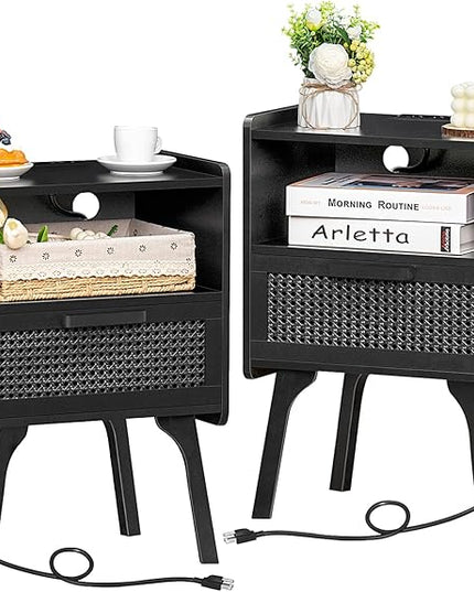 Lerliuo Rattan Nightstands Set of 2 with Charging Station, Boho Side Table with Drawer Open Shelf, Cane Accent Bedside End Table with Solid Wood Legs for Bedroom, Dorm and Small Spaces (Black) - LeafyLoom