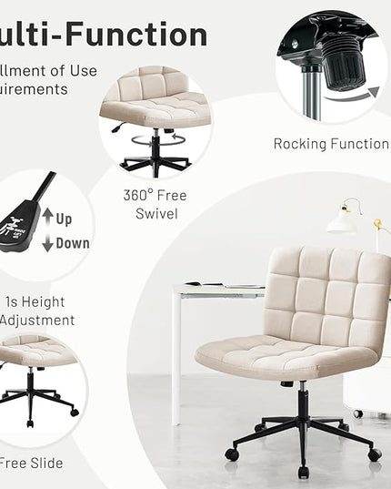 Furniliving Home Office Desk Chair with Wheels,Criss Cross Legged Wide Chair Armless Height Adjustable Chair with Mid Back Swivel Accent Vanity Chairs,Linen-Beige - LeafyLoom