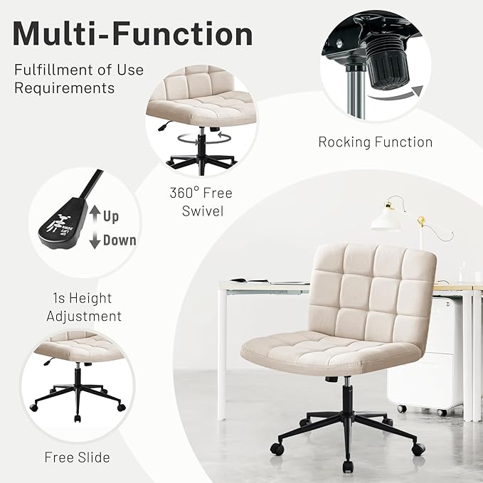 Furniliving Home Office Desk Chair with Wheels,Criss Cross Legged Wide Chair Armless Height Adjustable Chair with Mid Back Swivel Accent Vanity Chairs,Linen-Beige - LeafyLoom