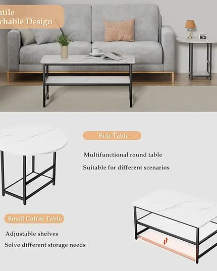 WOHOMO Coffee Table, White Modern Coffee Tables for Living Room, Detachable 2 Small Coffee Tables, Faux White Marble - LeafyLoom